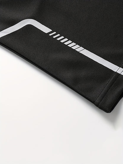 2pcs Men's Summer Sportswear Set - Comfortable Polyester Crew Neck T-Shirt & Black Drawstring Shorts with Side Stripe, Casual Style, Easy Care, Athletic Shorts