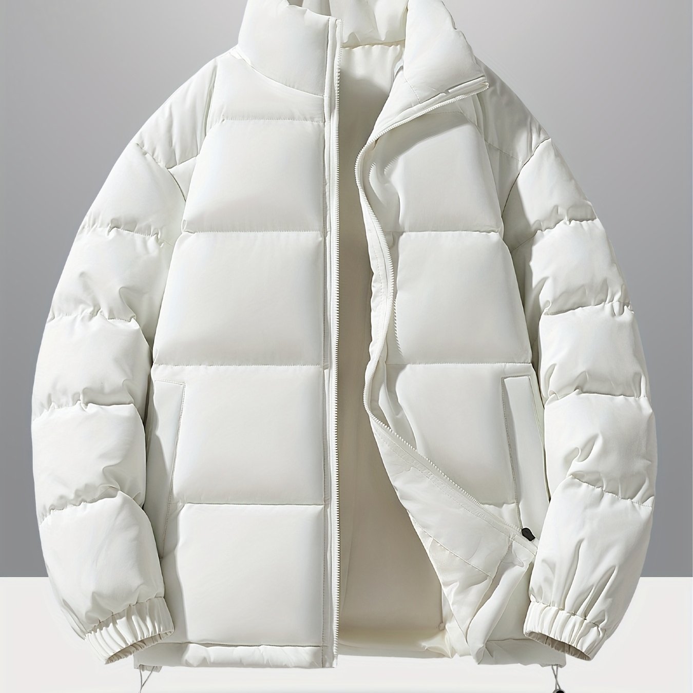 Men'S 2025 New Casual Jacket - Black, Stand Collar, Zip-Up, Long Sleeve, Polyester Filled, Winter Coat with Adjustable Drawstring Hood