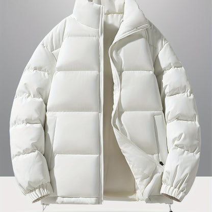 Men'S 2025 New Casual Jacket - Black, Stand Collar, Zip-Up, Long Sleeve, Polyester Filled, Winter Coat with Adjustable Drawstring Hood