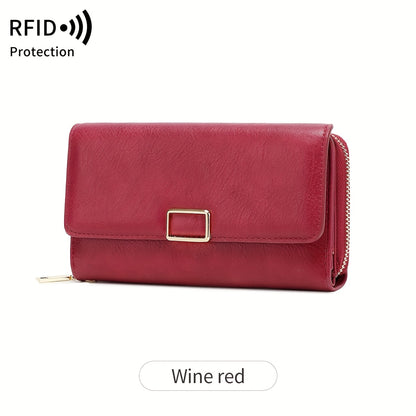 MIYIN Women's Vintage RFID Blocking Large Capacity Wallet with Wrist Strap - Tri-Fold  Handbag, Zipper Pocket & ID Slot, Multi-Card Holder (Credit/Debit) - Solid for Professional & Everyday Use