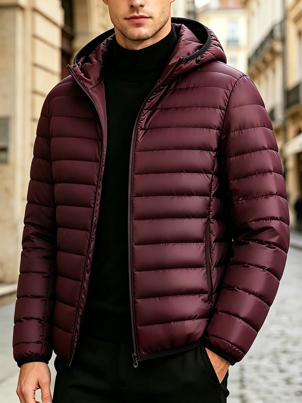 Men's Casual Hooded Padded Coat - Warm Polyester Outerwear