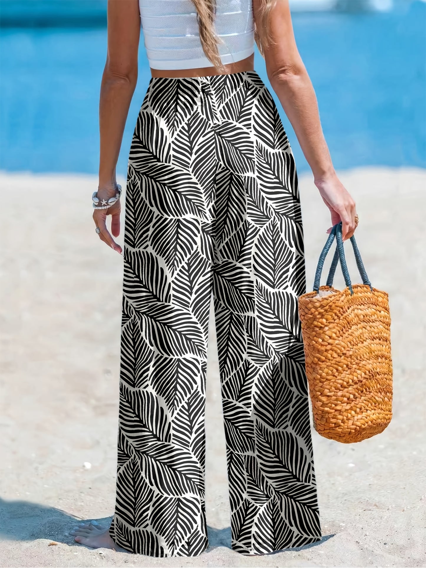 Vintage Black & White Tropical Wide-Leg Summer Pants