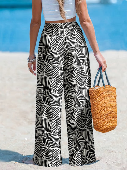 Vintage Black & White Tropical Wide-Leg Summer Pants