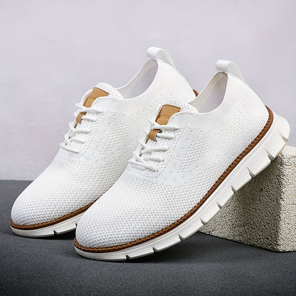 Men's Breathable Knit Business Casual Shoes - Beige with Brown Accents, Lace-Up, EVA Sole, Round Toe, Versatile for All Seasons, Dressy Shoes