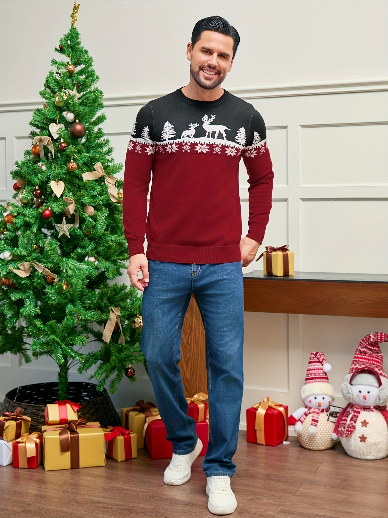 Men's Red/White/Navy Blue Christmas Sweater Sweater Vest-like Long Sleeve Pullover - Reindeer & Pine Tree Pattern, H-Fit Winter Party Outfit, Machine Washable Holiday Sweater for Xmas (No Belt/Tie)