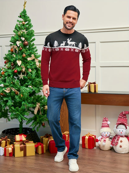 Men's Red/White/Navy Blue Christmas Sweater Sweater Vest-like Long Sleeve Pullover - Reindeer & Pine Tree Pattern, H-Fit Winter Party Outfit, Machine Washable Holiday Sweater for Xmas (No Belt/Tie)