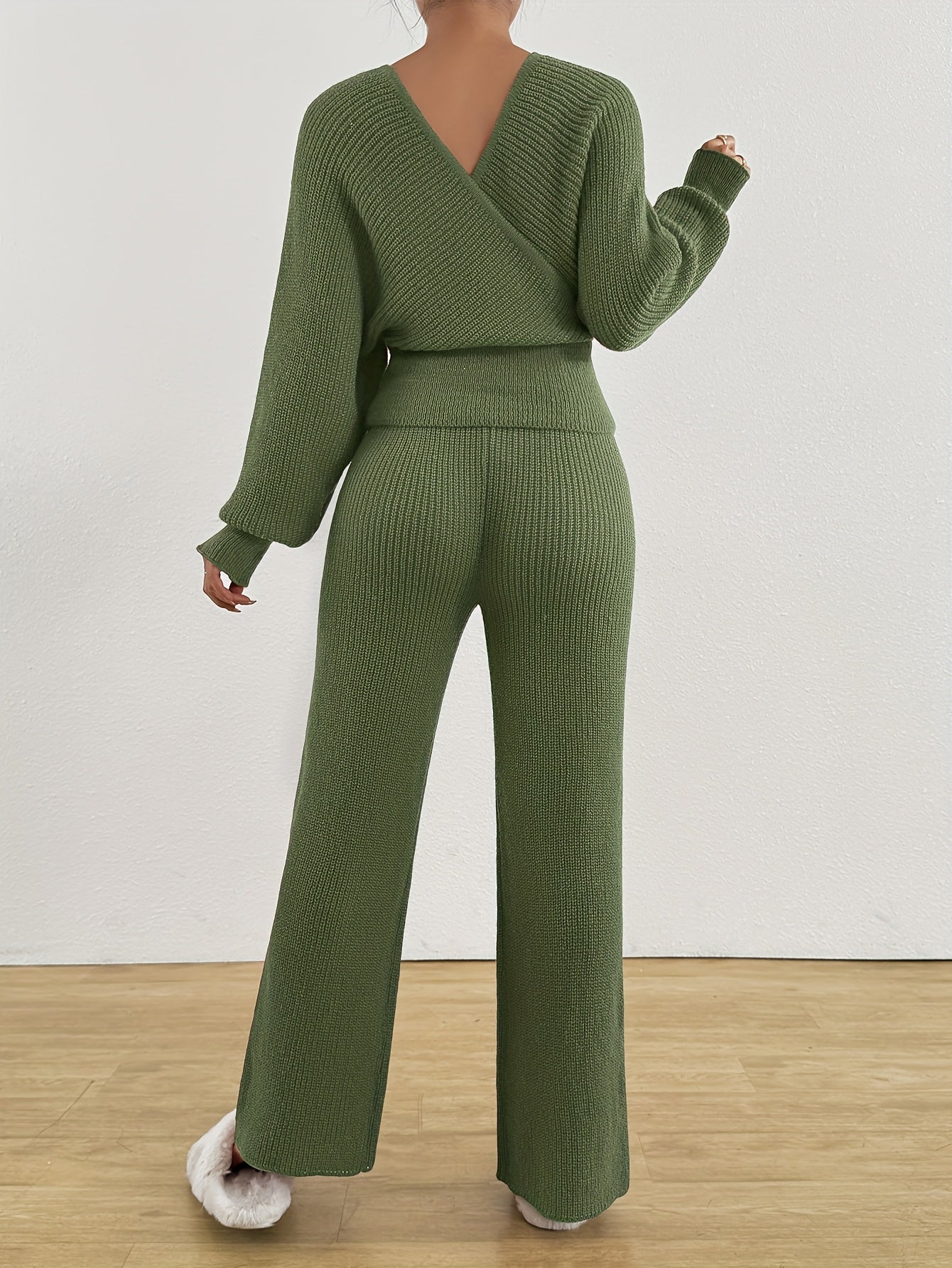 Կանացի աշնանային ձմեռային սվիտեր, V-աձև դեկոլտեով, անթև, պուլովեր և լայն տաբատ, էլեգանտ երկու մասից բաղկացած հավաքածու