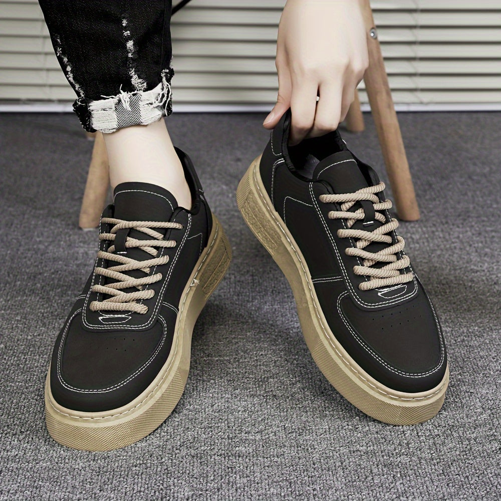 Men's Solid Colour Platform Skateboard Shoes, Comfy Non Slip Durable Lace Up Sneakers For Men's Outdoor Activities
