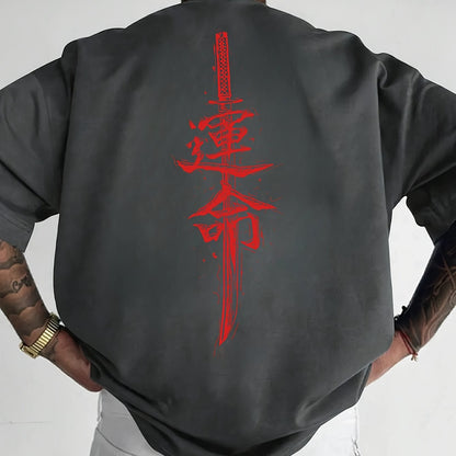 Men'S Japanese Samurai Sword Graphic T-Shirt - Casual Loose Fit Crew Neck, Short Sleeve Tee with Red Stylized Japanese Katanas Design, Breathable Polyester for Spring  Summer Outdoor Wear
