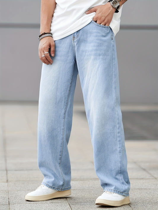 Men's Loose Fit Wide Leg Jeans, Men's Stylish Comfy Denim Pants, Versatile For Four Seasons