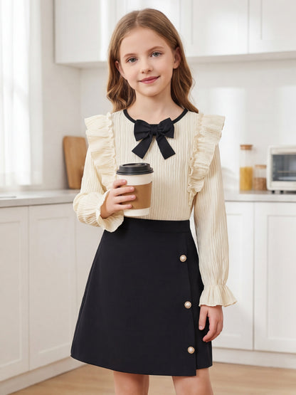 Girls 8-12Yrs Elegant Apricot Top & Black Bow Skirt Set