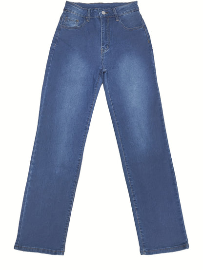 High Waist Light Washed Straight Jeans, Slash Pocket Casual Loose Fit Denim Pants, Women's Denim Jeans & Clothing