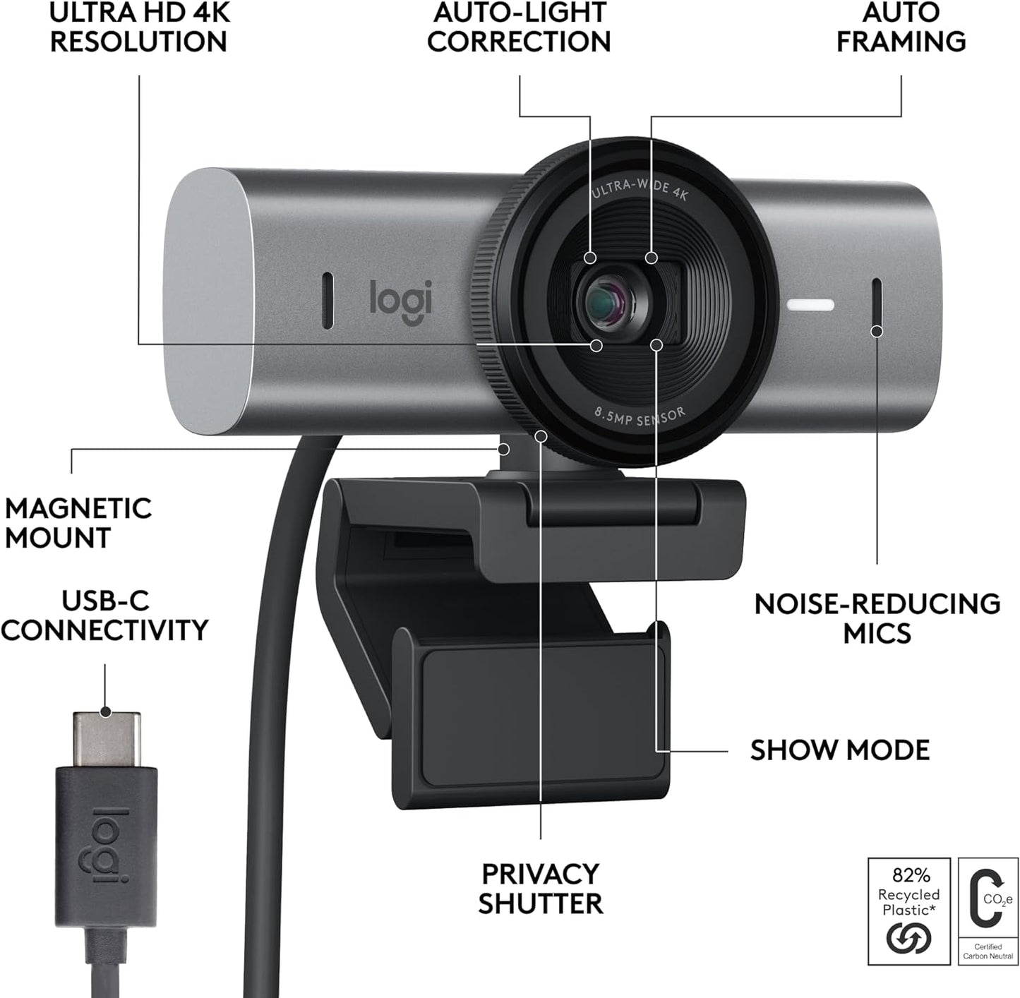 Logitech MX Brio Ultra HD 4K Collaboration and Streaming Webcam, 1080P at 60 FPS, Dual Noise Reducing Mics, Show Mode, USB-C, Webcam Cover, Works with Microsoft Teams, Zoom, Google Meet - Graphite