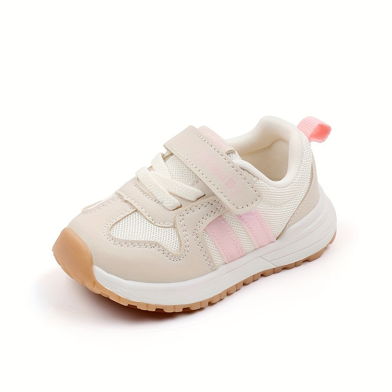 [1pc Unisex Toddler Sports Sneakers] Toddler Sports Sneakers, Unisex Preppy Casual Running Shoes, Striped Low Top Fabric & PU Upper, Breathable Mesh, Soft TPR Sole, with Adjustable Strap Closure, for Spring/Summer, All-Season