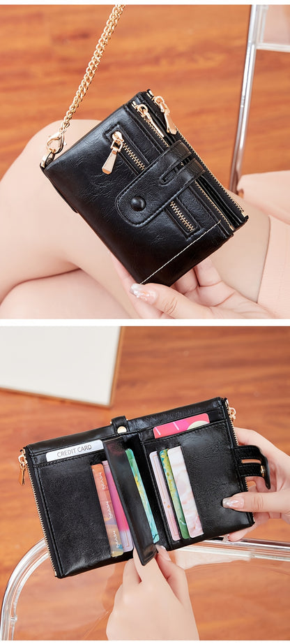 MIYIN Women'S & Men'S Red Bifold Wallet with Anti-Theft Chain Lock, Golden-Tone Hardware & Removable ID Window - Multi-Compartment Organizer with Card Slots