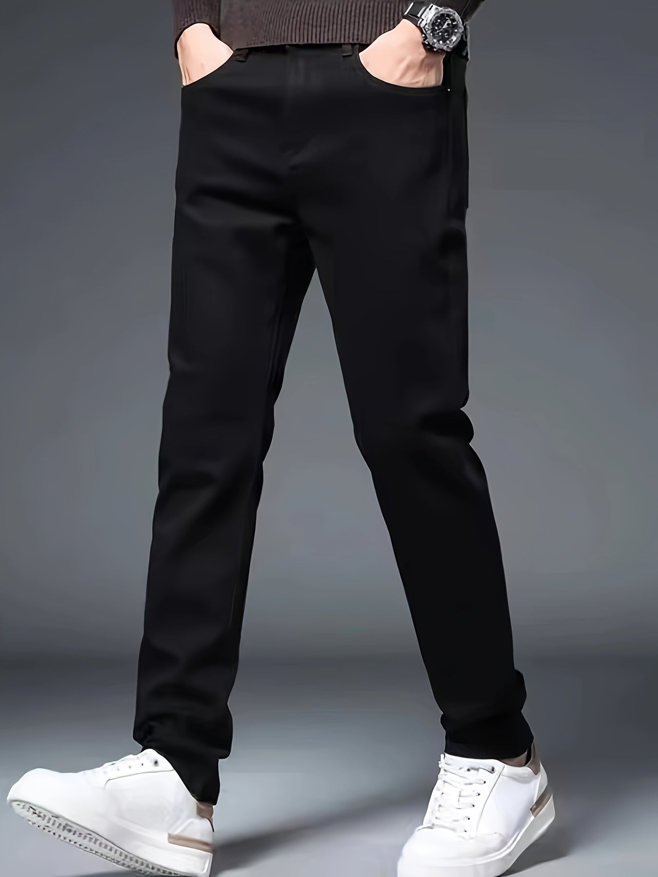 Men's Solid Regular Fit And Cuffed Dress Pants With Pockets, Casual And Chic Pants For Spring And Autumn Business And Formal Occasions, Old Money Style
