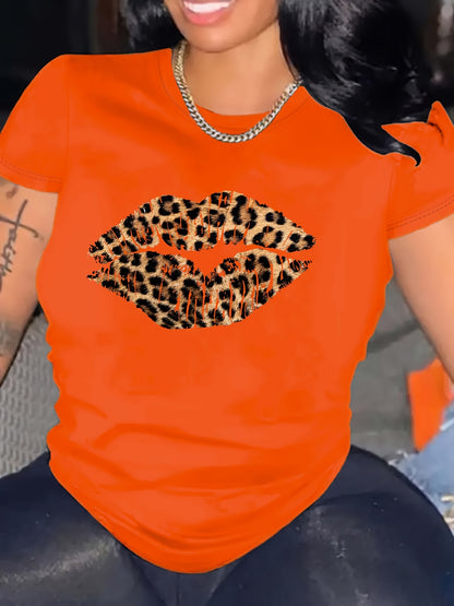 Leopard Lip Print Crew Neck T-shirt, հարմարավետ կարճաթև վերնաշապիկ ամառային և գարնան համար, կանացի հագուստ