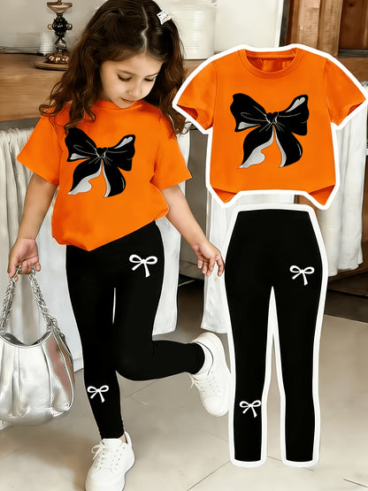 Girls Black Bow Print Top & Leggings Set, Summer Casual