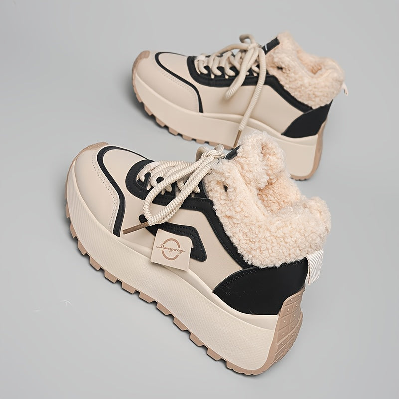 Կանացի ձմեռային ձնագնացքներ հաստ, փափուկ PVC ներբանով՝ բարձրացնող էֆեկտով - սահքից պաշտպանող, արհեստական կաշվե վերնամասով և փափուկ ծածկույթով, բեժ/սև գույն - ամենագնացքային ճկունություն սառույցի, ձյան և ամենօրյա կրման համար -