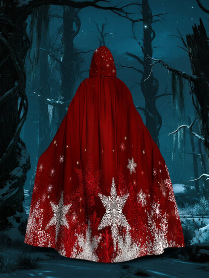 1pc Red & White Snowflake Cape with Hood - Long Flowing Winter Costume for s &, Christmas Party Costume, New Year's Eve Outfit, Themed Events - Machine Washable 100% Polyester Coat (Star Pattern Back), 2D Flat