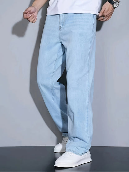 Men's Slim Fit Blue Jeans - All-Season, Non-Stretch Denim, Mid-Rise, Zip Closure, Casual Streetwear Style, Machine Washable, Yearround Wear|Sleek Jeans|Glossy Finish