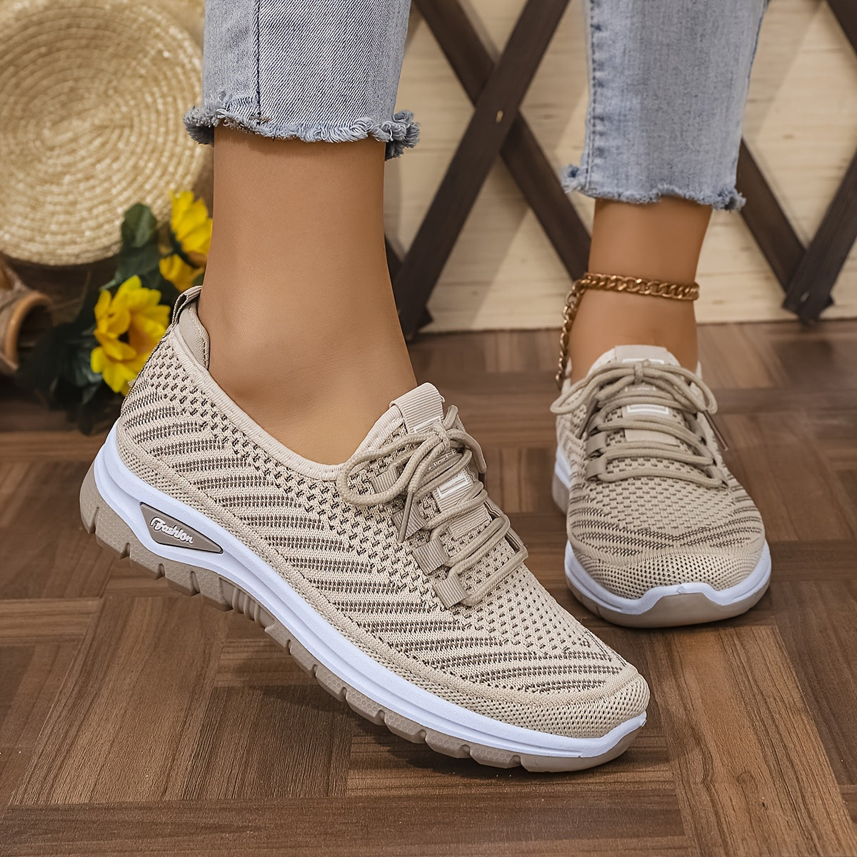Women'S Knit Casual Sneakers - Stylish Striped Weave Pattern, Breathable Non-Slip Comfort Shoes with Rubber Sole for Outdoor Wear