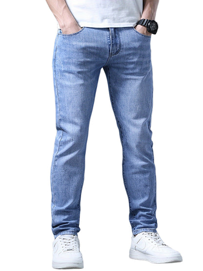 Men's Slim Fit Jeans, 62% Cotton 35% Polyester 3% Spandex Blend, Solid Color Washed Denim, All-Season Regular Length Pants