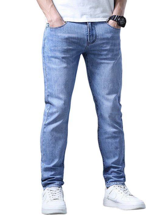 Men's Slim Fit Jeans, 62% Cotton 35% Polyester 3% Spandex Blend, Solid Color Washed Denim, All-Season Regular Length Pants