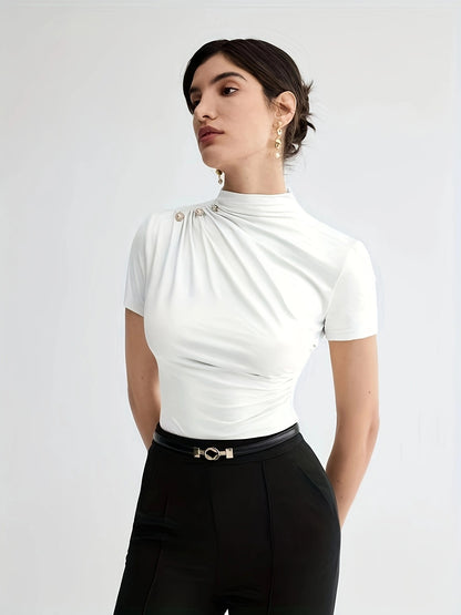 Elegant White Short Sleeve Turtleneck Top with Button Detail - Versatile Summer Blouse for Women, Casual Attire|Minimalist Style|Sleek Fit