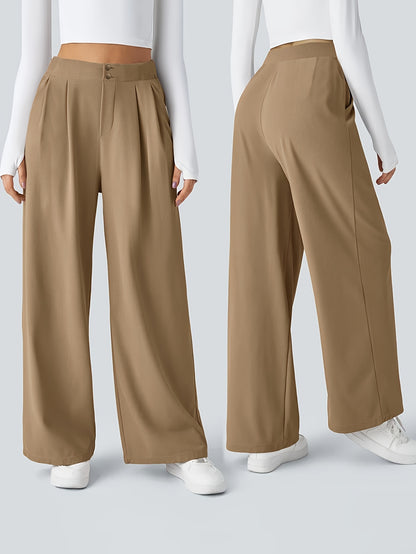 Casual Chic] Կանացի շիկ ֆրանսիական ոճի միագույն սև ծալքավոր տաբատ՝ բարձր գոտկատեղով, լայն ոտքով, պոլիեսթերով, լվացվող մեքենայում՝ կատարյալ արձակուրդի և ամենօրյա հագուստի համար, գեղեցիկ տաբատ