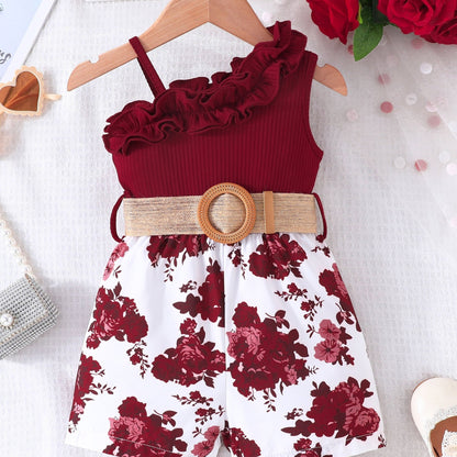 Baby's Vacation Style Flower Pattern Splicing One-Shoulder Romper With Belt, Toddler & Infant Girl's Bodysuit For Summer Daily & Outdoor Wear