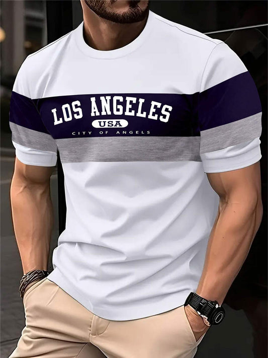 Men'S Casual Los Angeles Graphic T-Shirt - Short Sleeve, Round Neck, White with Purple  Gray Stripes, Comfortable Summer Tee for Casual Attire, Everyday Tshirt   Casual Style   Comfortable Fit