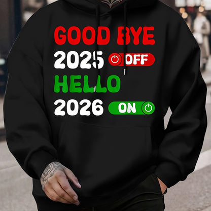 Men's 2025 New Year Print Hooded Sweatshirt - Kanji-Inspired "Goodbye 2025 2026" Pullover, Winter Warm Casual Sweater with Green/Red Toggle Switch Design, Machine Washable Red Hoodie for Christmas & NYE Parties