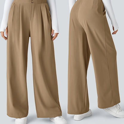 Casual Chic] Կանացի շիկ ֆրանսիական ոճի միագույն սև ծալքավոր տաբատ՝ բարձր գոտկատեղով, լայն ոտքով, պոլիեսթերով, լվացվող մեքենայում՝ կատարյալ արձակուրդի և ամենօրյա հագուստի համար, գեղեցիկ տաբատ