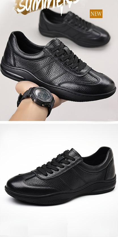 [Sneakers] Genuine Faux Leather Men'S Outdoor Casual Shoes - Comfortable And Versatile Soft Surface Lightweight Walking Shoes - High-Quality Black Lace-Up Minimalist Retro Rubber Sole Men'S Shoes - ayq