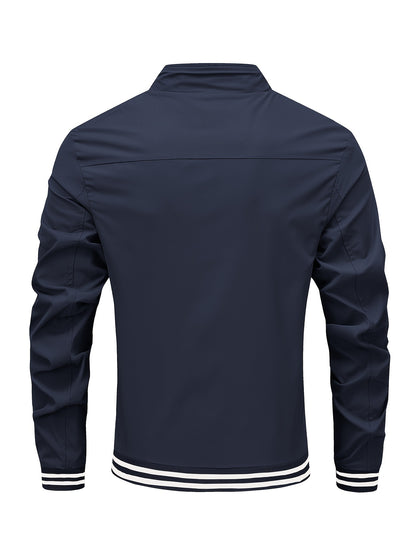 Men's Stand Collar Long Sleeve Zip Up Sports Jacket With Contrast Trim Design, Men's Spring Fall Outwear, As Gifts