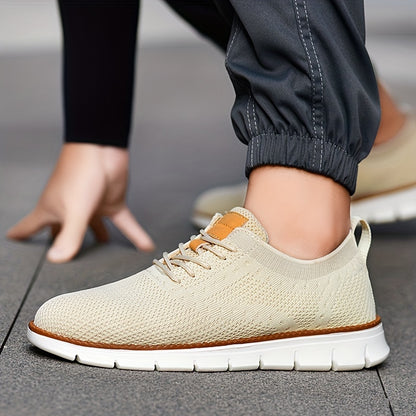 Men's Breathable Knit Business Casual Shoes - Beige with Brown Accents, Lace-Up, EVA Sole, Round Toe, Versatile for All Seasons, Dressy Shoes
