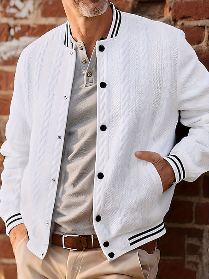 Men's Lightweight Bomber Jacket - White/Black Contrast & Dark Blue Piping, Machine-Washable Casual Coat with Button Closure, No- Design for Fall/Winter, Versatile Outerwear (Beige/Pink Shades Available) - Stylish & Breathable