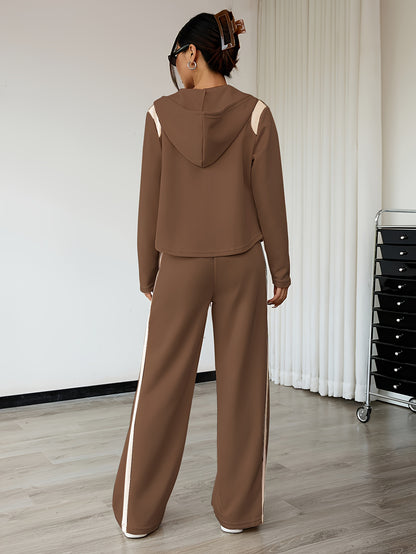 Women'S Elegant Two-Piece Set Featuring a Spring Long-Sleeve Zip-Up Top And Straight-Leg Pants, with a Stylish Color-Blocked Design And a Hooded Drawstring
