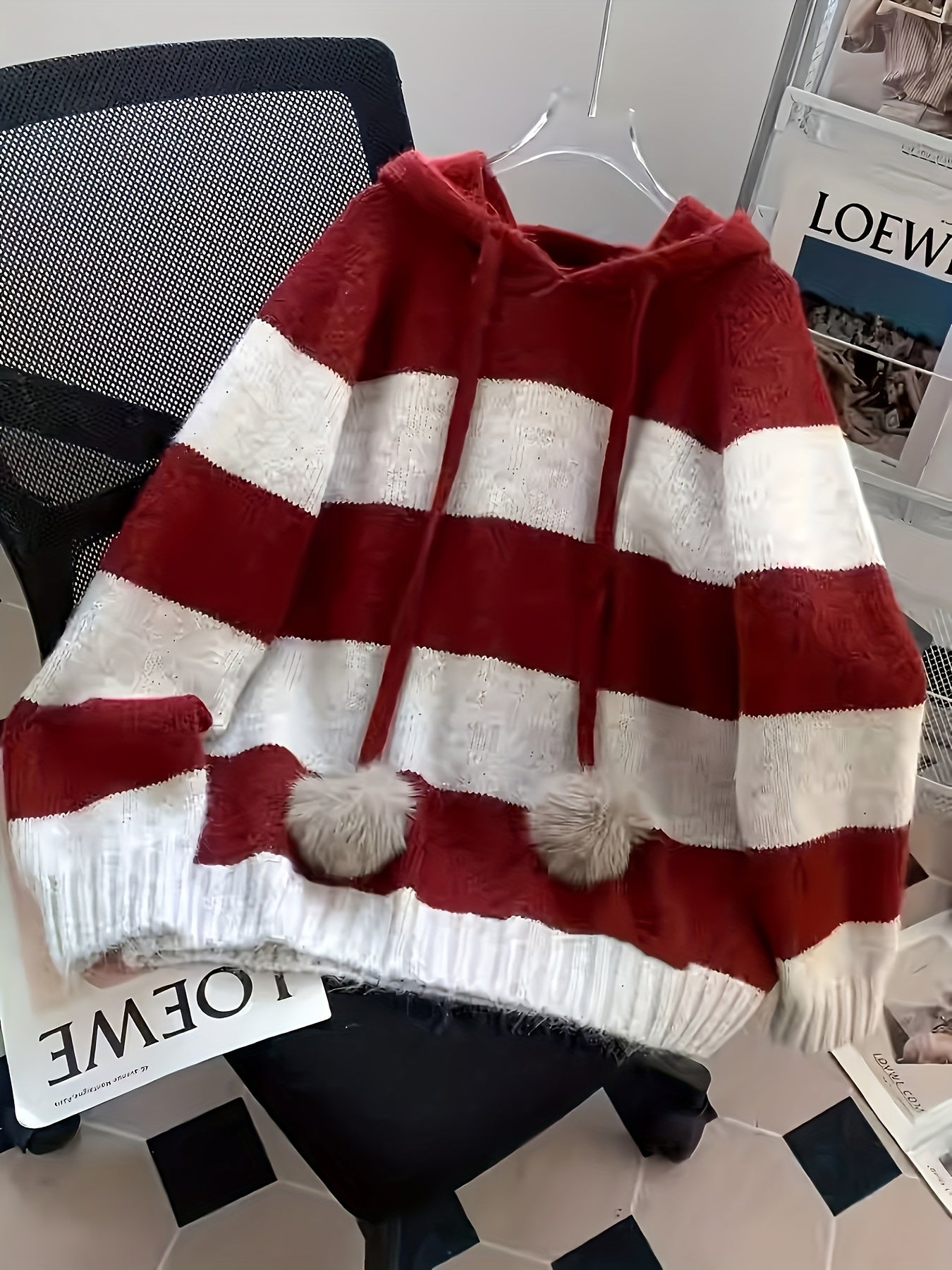 Women's Burgundy & Striped Hooded Sweater - Winter Warm Korean-Style Oversized Sweater Vest-like Pullover with Hood, Soft Sweater Jacket for Fall/Winter Layering (Machine Washable) - Elegant Casual Outerwear
