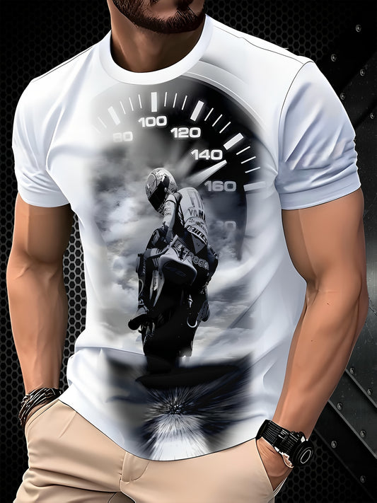 Men'S Motorcycle Graphic T-Shirt - Casual Crew Neck Short Sleeve Tee with Throttle Gauge Design, Breathable Summer Sportswear for Adults, Motorcycle Enthusiast Gear   Stylish Motorcycle Print   Comfortable Fit