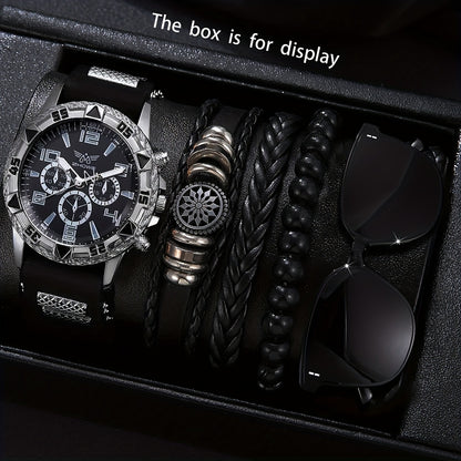 5 հատ տղամարդու գործնական ժամացույց՝ ոճային կլոր քվարցային ժամացույց՝ էլեկտրոնային մեխանիզմով + երեք թևնոցով, նորաձև ակնոց, հարմար է գրասենյակի և պաշտոնական առիթների համար՝ իդեալական նվեր մասնագետների համար