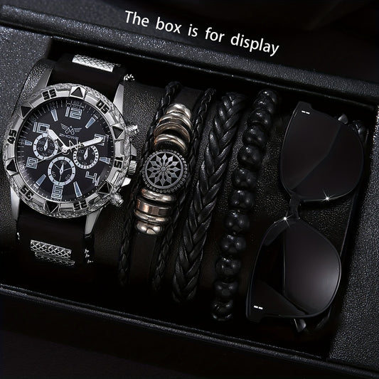 5 հատ տղամարդու գործնական ժամացույց՝ ոճային կլոր քվարցային ժամացույց՝ էլեկտրոնային մեխանիզմով + երեք թևնոցով, նորաձև ակնոց, հարմար է գրասենյակի և պաշտոնական առիթների համար՝ իդեալական նվեր մասնագետների համար