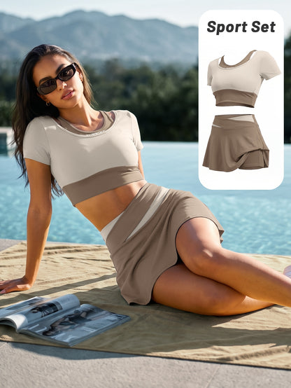 Women's Summer Colorblock Sports Set with Built-in Bra & Skirt