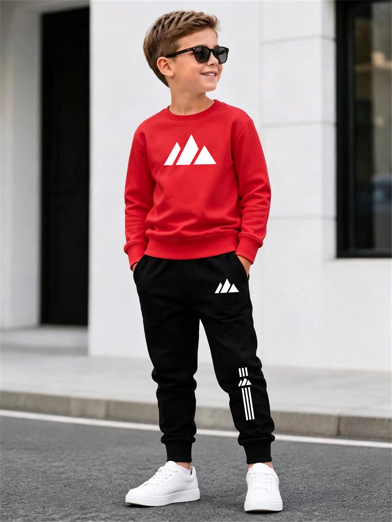 Boys' Mountain Peak Print Hoodie and Pants Set, Soft Polyester