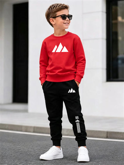 Boys' Mountain Peak Print Hoodie and Pants Set, Soft Polyester
