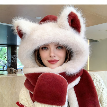 Women's Fox Ear Hat 3-in-1 with Scarf & Gloves - Winter Warm Windproof Cute Fox Ears, Lightweight Jacket-Compatible for cold Weather, Hand Washable Maomao Hat for, New Year & Holiday Outfits (Non-Stretch)