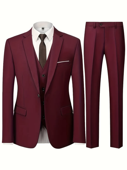 Men's 3-Piece Polyester Suit Set with Jacket, Vest & Trousers