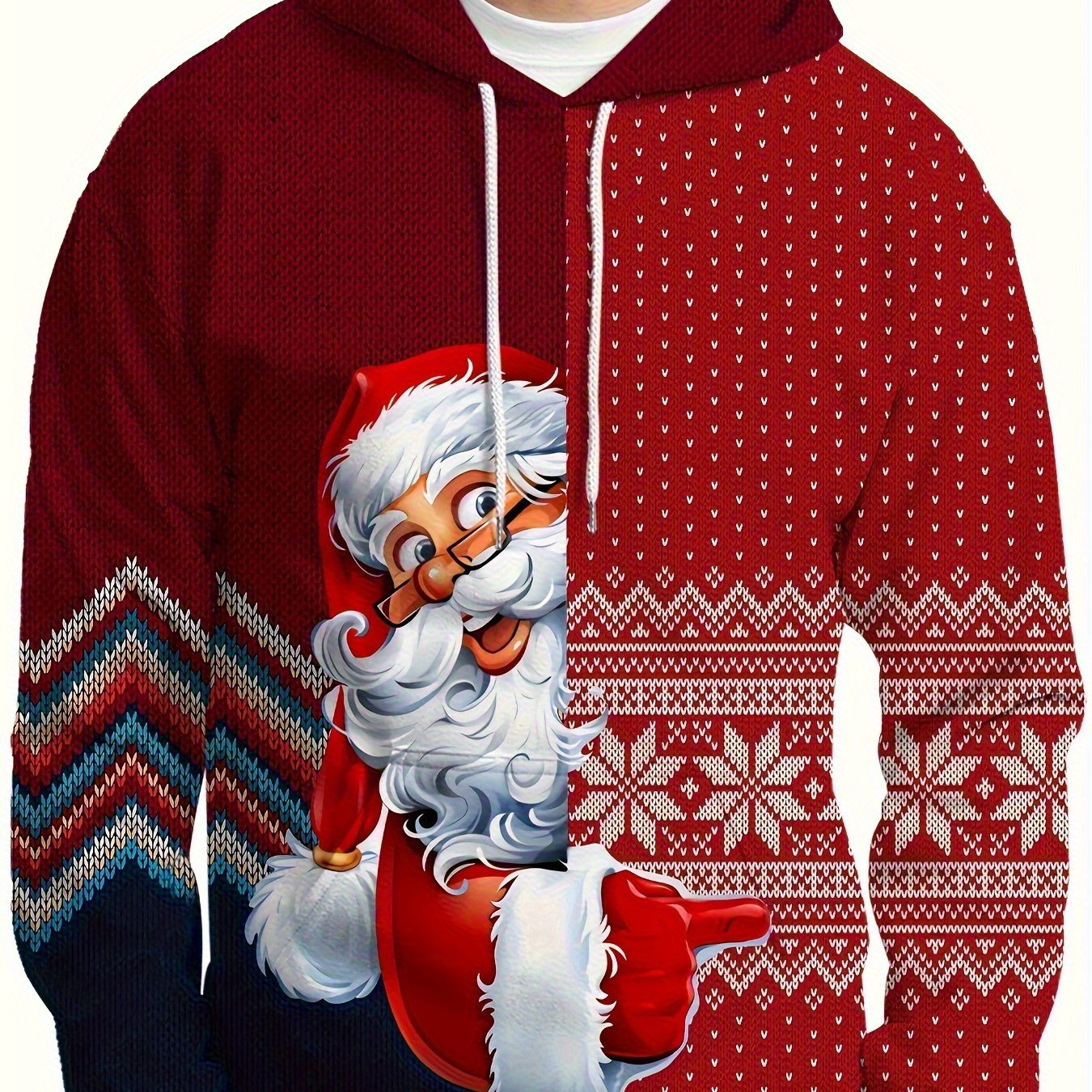 Plus Size Men's Funny Christmas Hoodie- Festive Santa Claus& Snowflake Print, Red& White Holiday Sweatshirt with Pockets, Casual Long Sleeve Pullover for Fall& Winter, Perfect Christmas Gift, Christmas Clothes, PLUS SIZE
