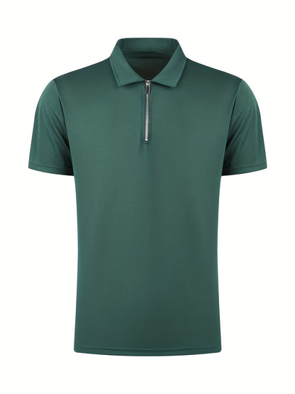 [Golf Apparel] Men's Classic White Shirt - Casual Summer Style with Short Sleeves, Zipper Collar, and Stretch Polyester Fabric - Perfect for Streetwear & Golf